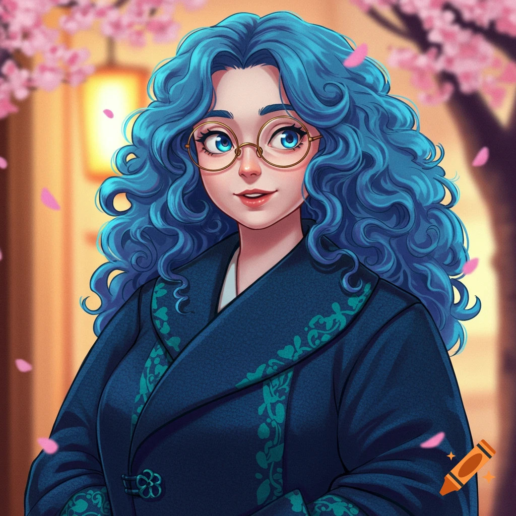 Anime woman with blue curly hair and glasses, wearing a dark overcoat, framed by pink cherry blossoms.