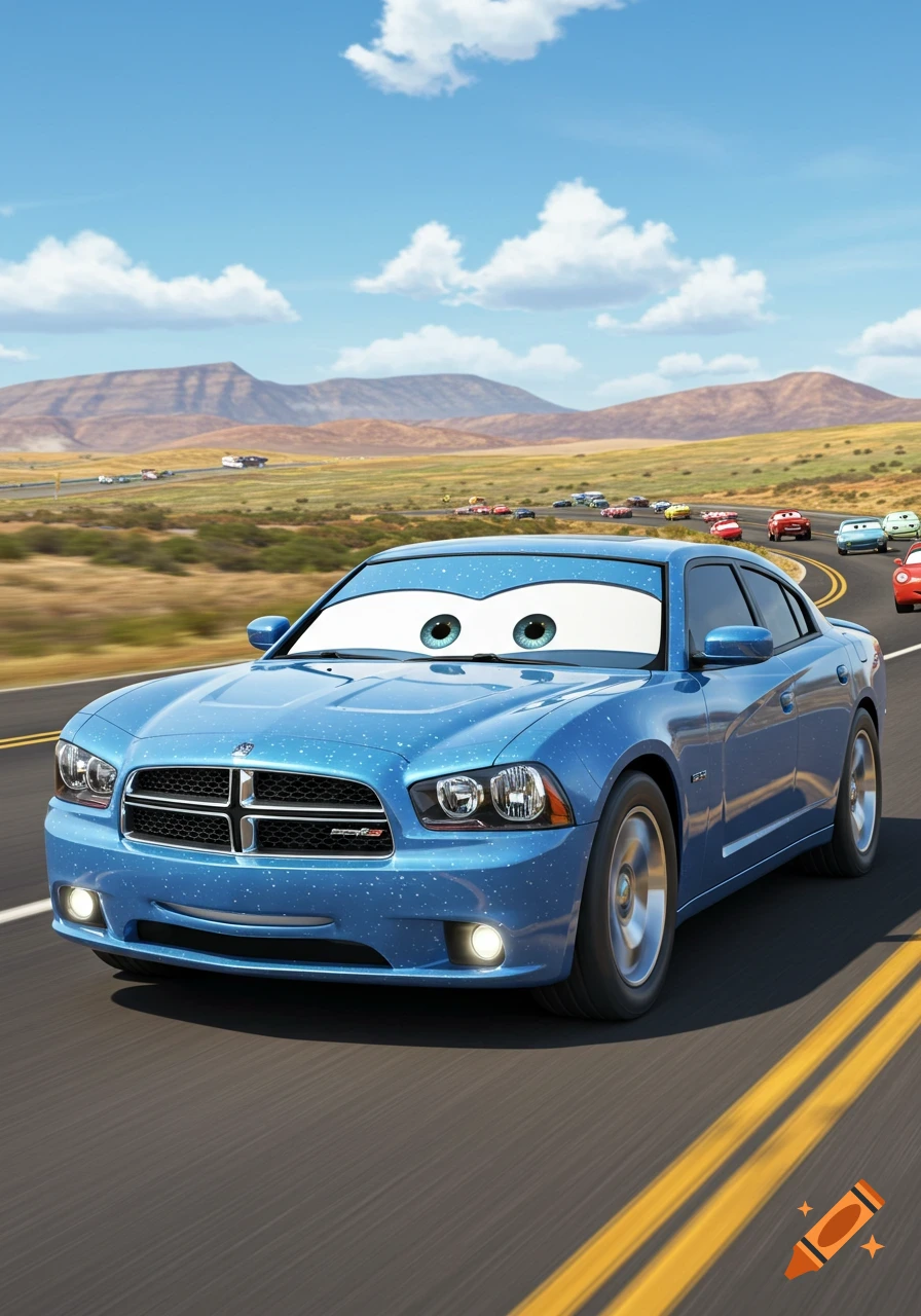 A blue 2011 Dodge Charger with cartoon eyes drives on a highway, with other animated cars and mountains in the background, Pixar Cars style.