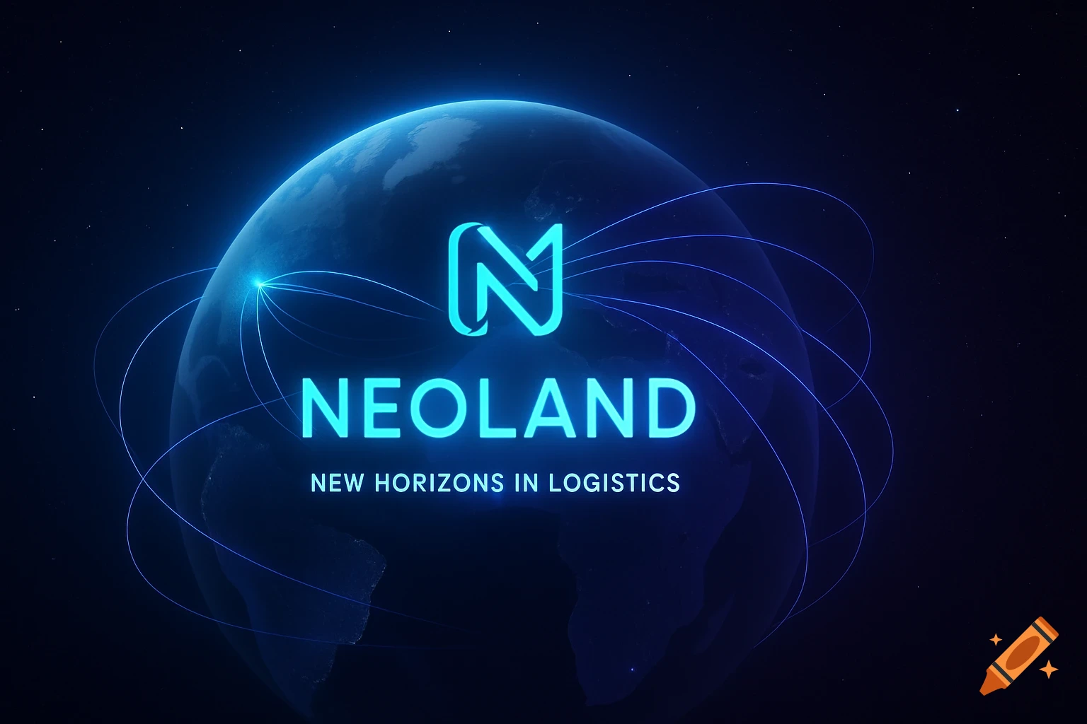 A neon blue Neoland logo and text over a glowing Earth with interconnected light lines in space.