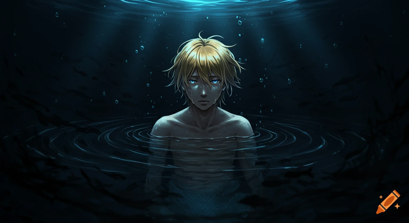 Anime merman with blonde hair and blue eyes, crying with a sad, distant expression, emerging from dark ocean water.