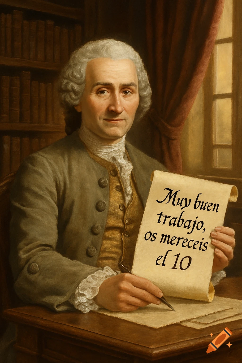 Painting of Jean-Jacques Rousseau in a grey coat and white wig, holding a scroll with Spanish text in a library.