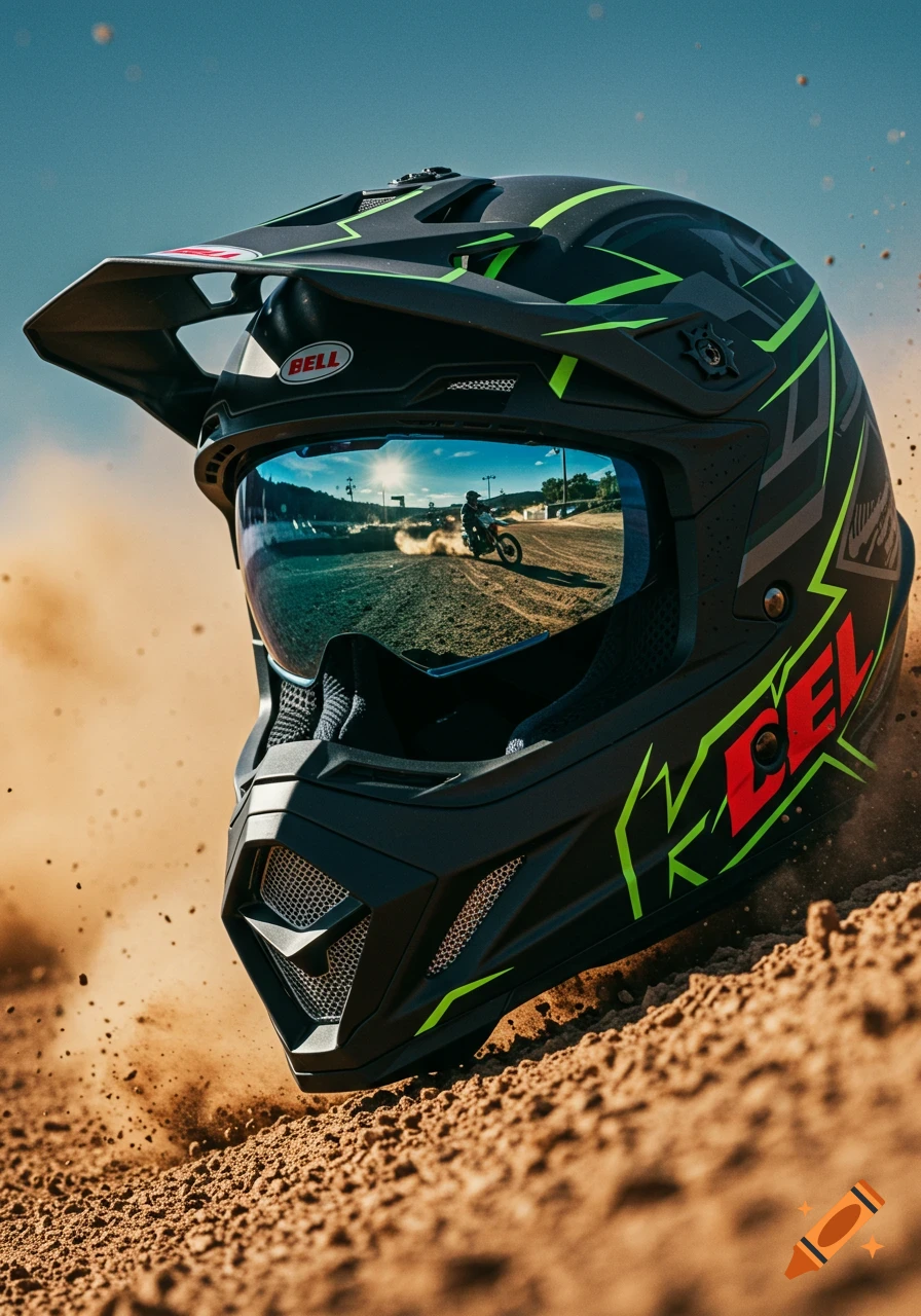 A close-up, low-angle shot of a black motocross helmet with neon green and red accents, partially covered in kicked-up dirt. The reflection in the visor shows a rider on a dirt bike on a track under a bright sun.