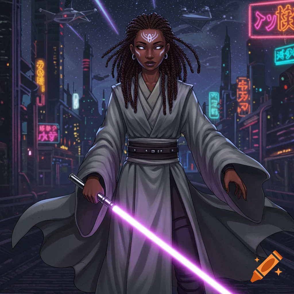 Anime-style African woman in grey Jedi robes with braided hair and glowing eyes holds a purple lightsaber in a futuristic city at night.