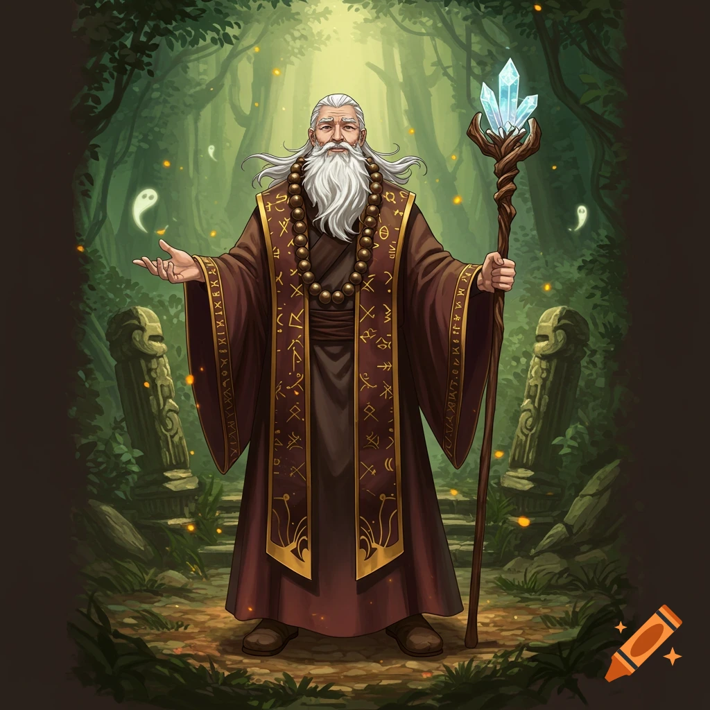 An anime-style old wizard with a long white beard and a staff topped with a crystal stands in a mystical forest with ancient ruins and floating spirits.