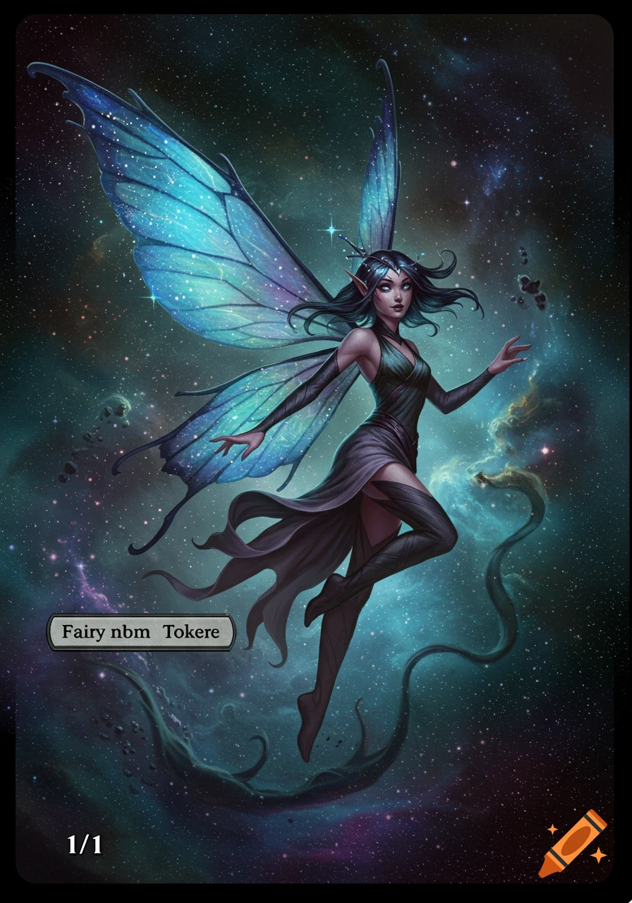 A stylized fantasy art piece of a dark-haired fairy with glowing blue butterfly-like wings, in a dark dress, floating in a star-filled galaxy. Text overlay at bottom left reads "Fairy nbm Tokere 1/1".