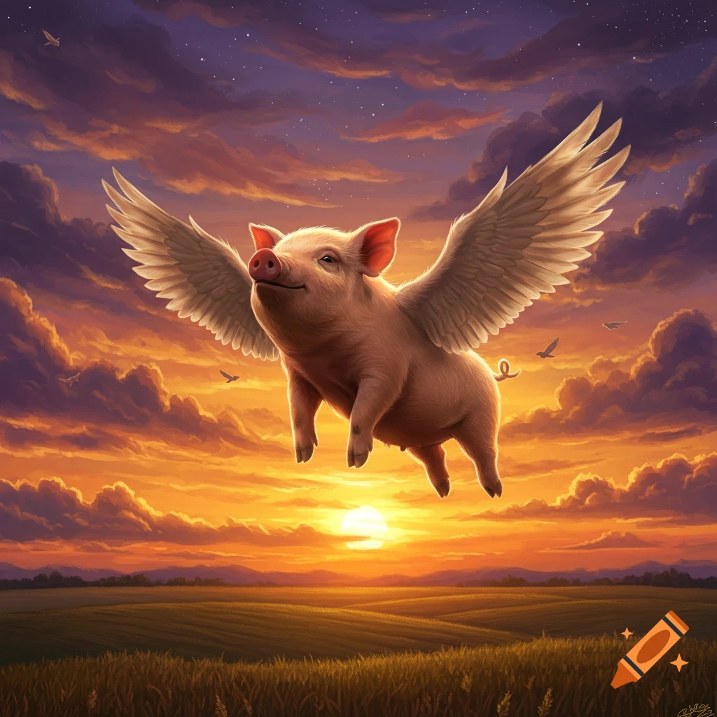 A cheerful winged pig soars over a field at sunset, with vibrant orange and purple clouds filling the sky.