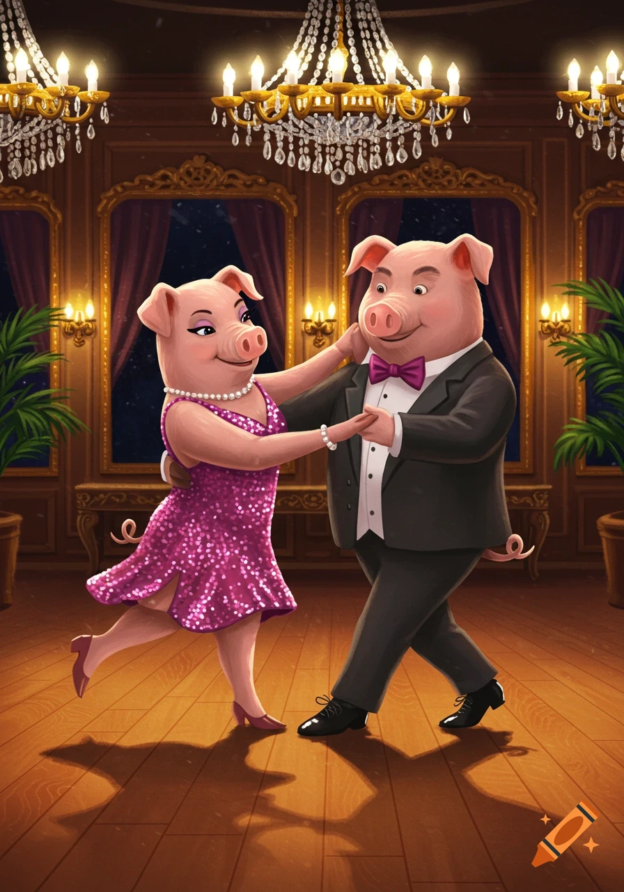 Cartoon illustration of a female pig in a pink sequin dress and a male pig in a tuxedo dancing in a fancy ballroom.