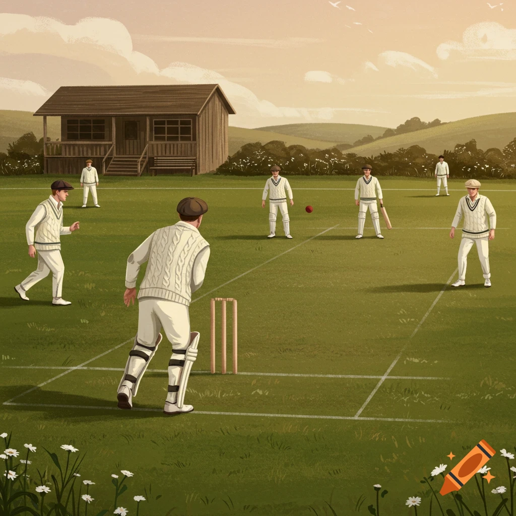 Illustration of men in vintage attire playing cricket on a green field with a clubhouse in the background.