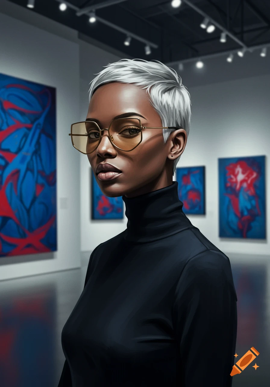 A stylish woman with short grey hair and gold glasses in a black turtleneck stands in an art gallery. Abstract blue and red paintings are in the background.