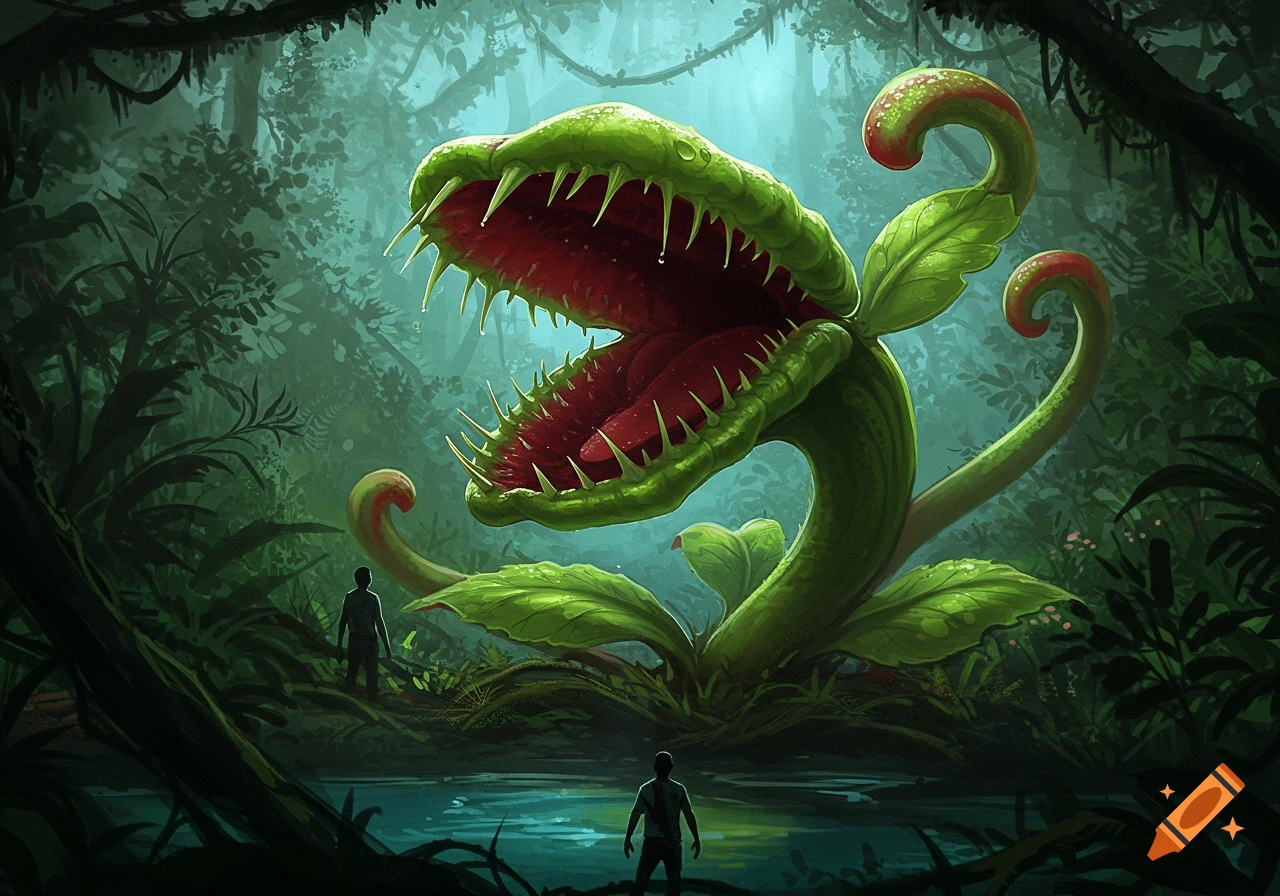 A giant, menacing Venus flytrap-like plant with sharp teeth looms over two small human figures in a dark, lush jungle.
