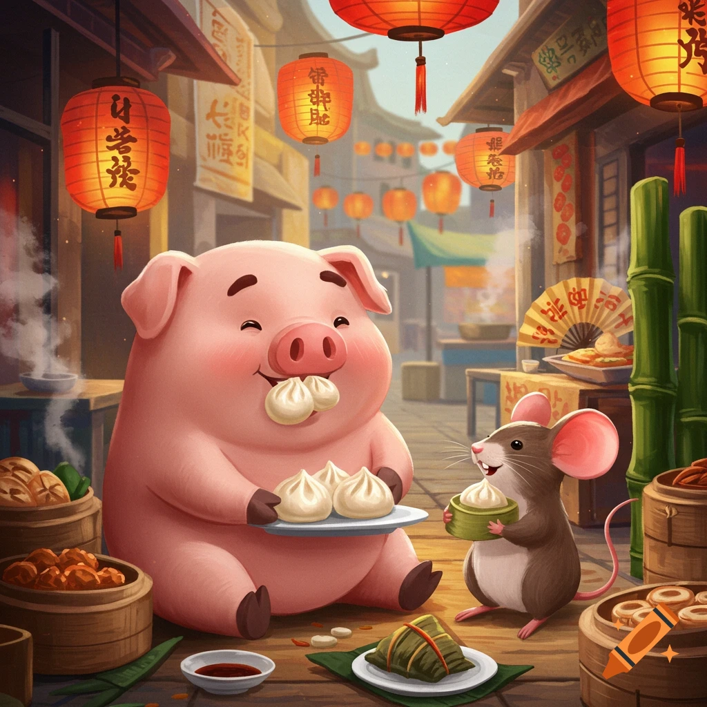 A happy cartoon pig and mouse eating dumplings in a lively Asian market with red lanterns.