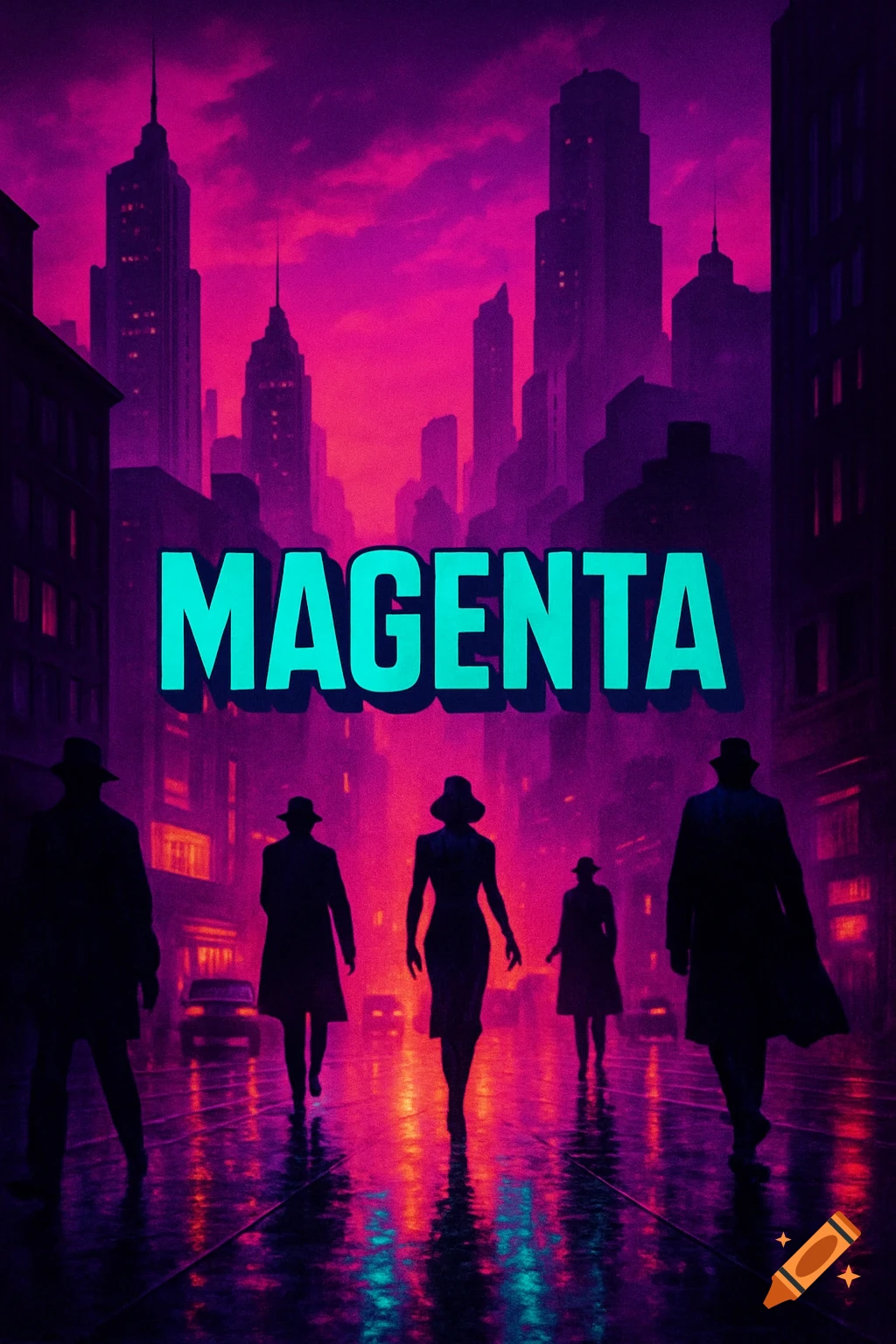 A cyberpunk film poster featuring a neon-lit magenta city street, silhouetted figures walking, and the title MAGENTA.