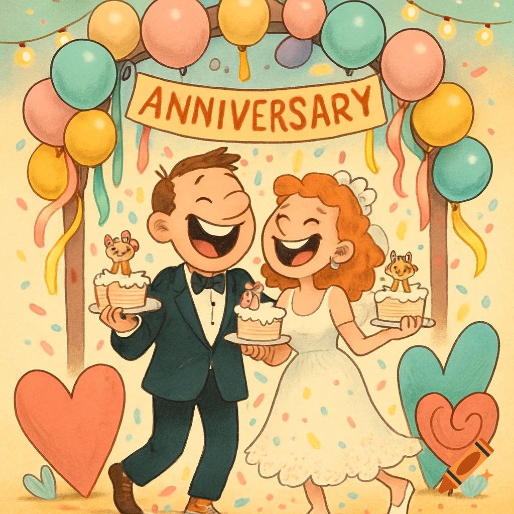 Happy cartoon couple celebrating an anniversary with cakes, balloons, and confetti.