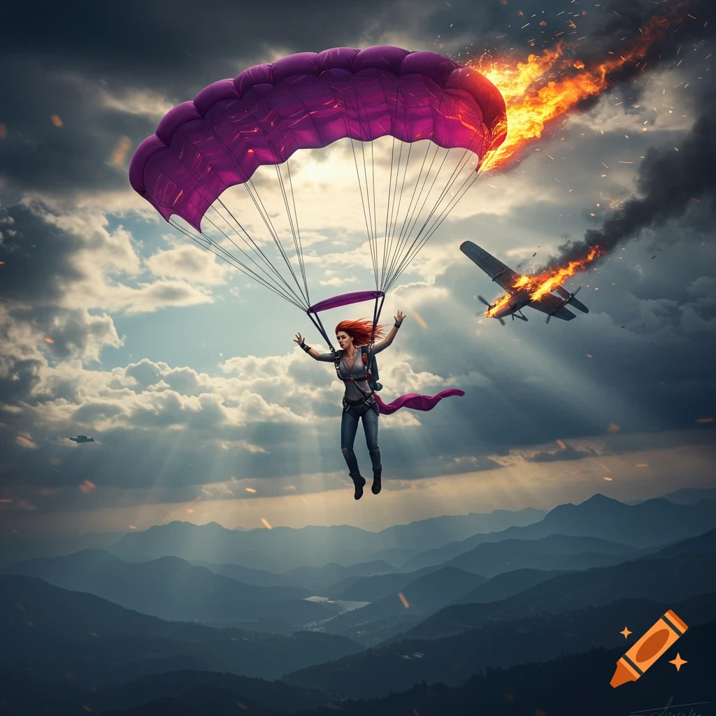 Woman with a purple parachute descends from a burning plane over mountains under a cloudy sky.