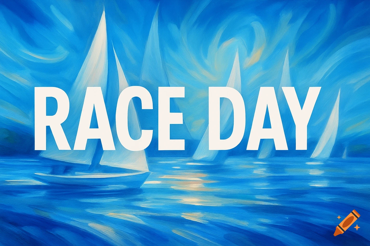 White text 'RACE DAY' over an abstract blue painting of sailboats on water.