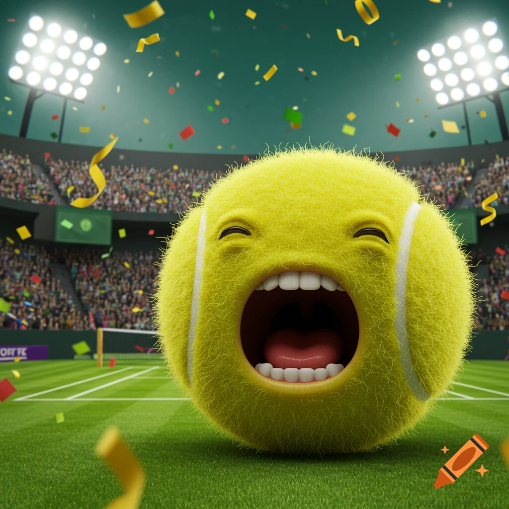 A screaming, fuzzy yellow tennis ball with a wide-open mouth on a tennis court with confetti and stadium lights.