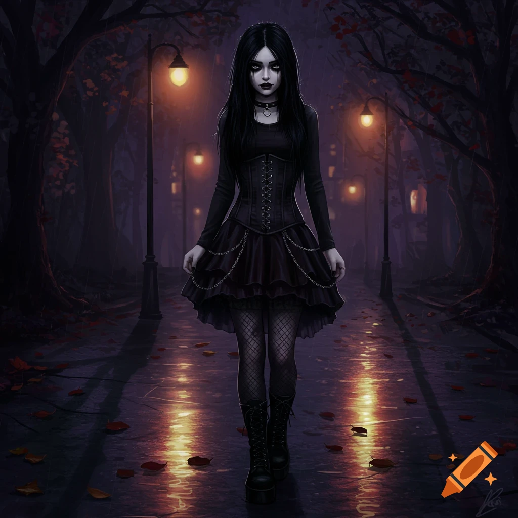 A goth girl with long black hair and pale makeup, wearing a black dress and fishnets, walks on a dark, wet path lit by streetlights.