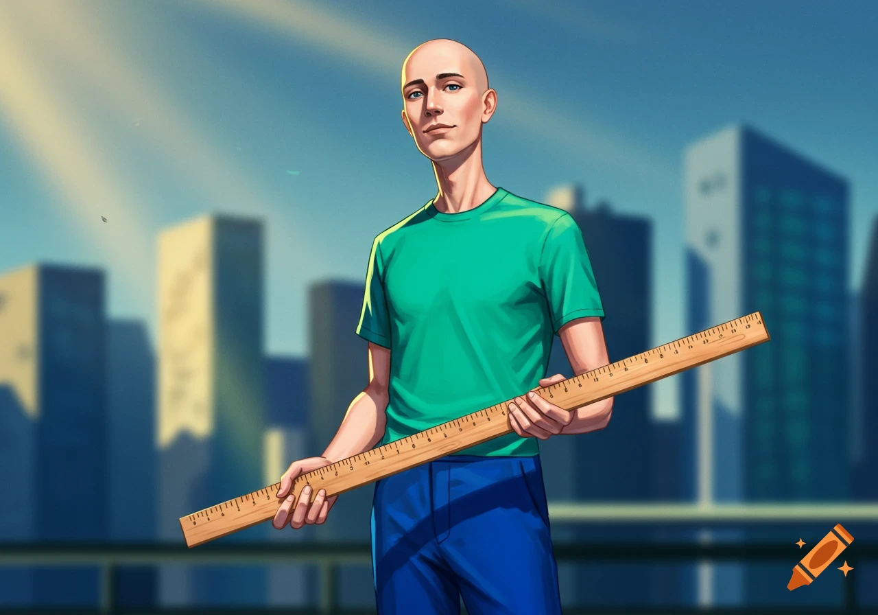 A bald man in a green t-shirt and blue trousers holds a wooden ruler in front of a city skyline in a cartoon illustration style.