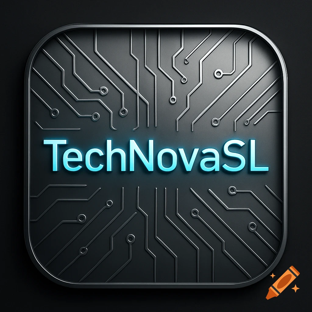 Dark grey rounded square tech icon with glowing blue text 'TechNovaSL' and circuit board patterns.
