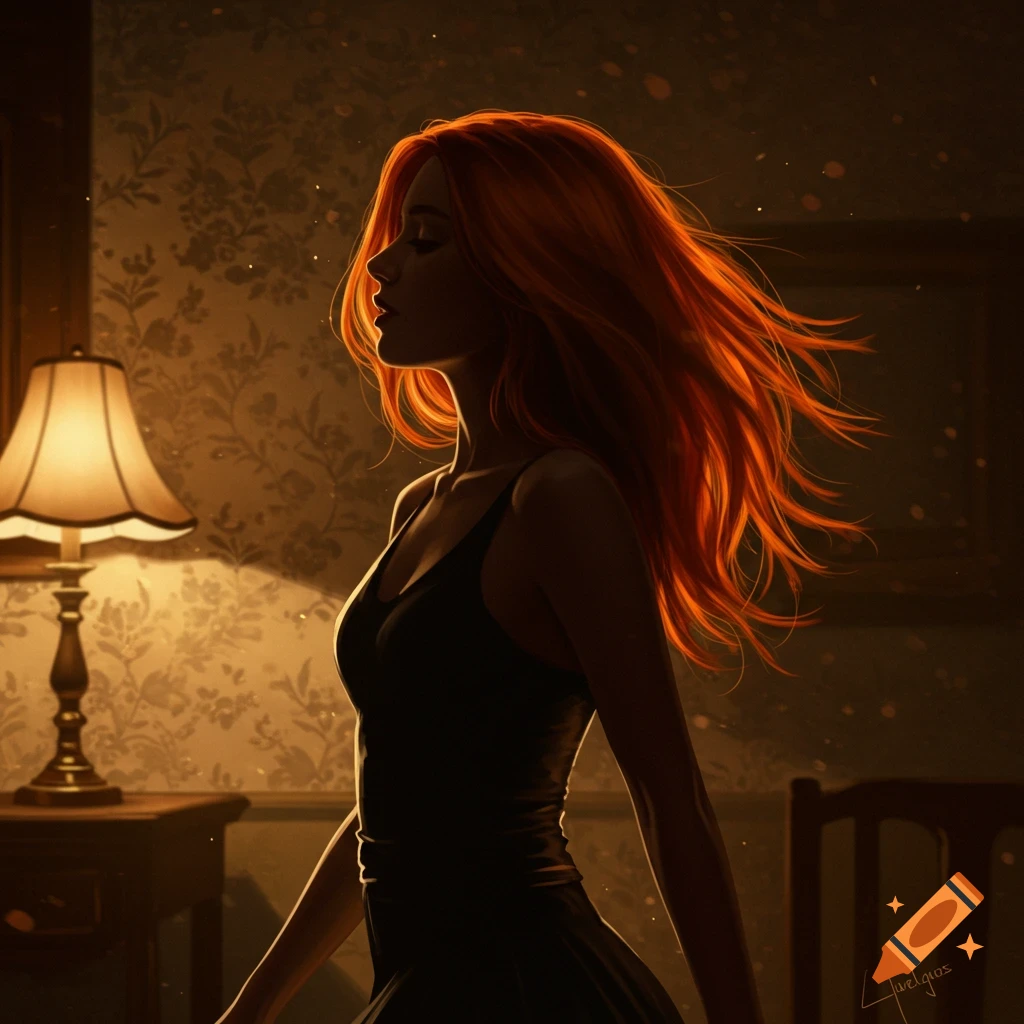 Digital painting of a woman with long, glowing red hair in silhouette, bathed in warm lamplight, posing gracefully in a room.