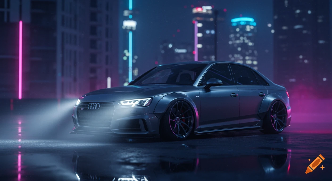 A grey widebody Audi S4 parked on a wet street at night, with neon pink and blue city lights reflecting on the ground.