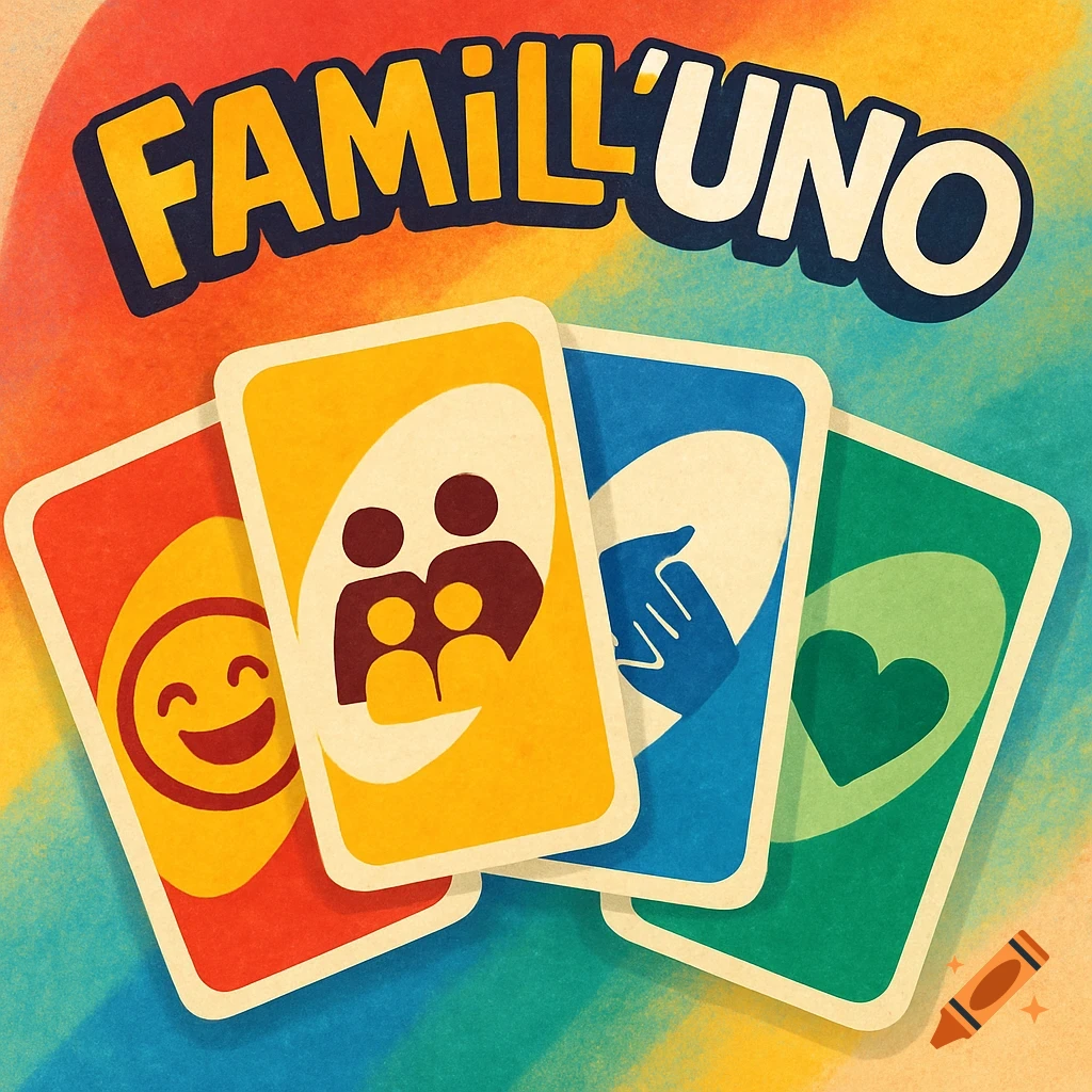 A colorful game cover for "FAMiLL'UNO" featuring four Uno-like cards with different symbols on a rainbow-striped background.
