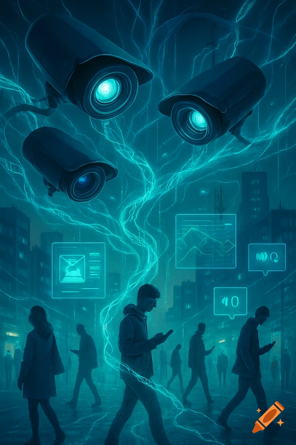 Digital art of surveillance cameras overseeing people in a city street, connected by glowing blue digital tendrils and data frames.