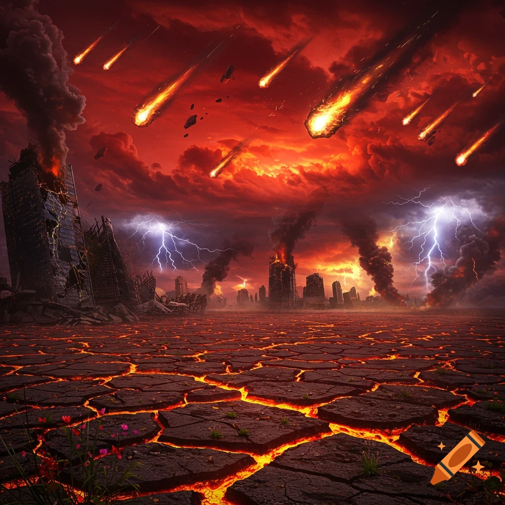 Apocalyptic scene with meteors falling, lightning, ruined city, and lava-filled cracked ground under a dramatic red sky.