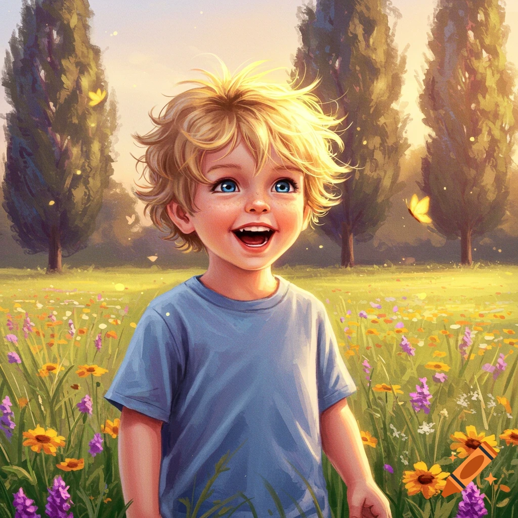 A happy blonde boy with blue eyes smiles in a vibrant wildflower field with tall trees, in a digital art style.