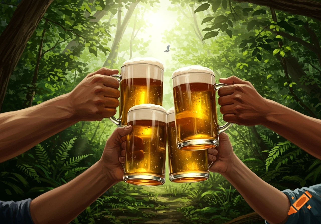 Four hands clink beer mugs together in a lush, sunlit forest, in a painterly style.