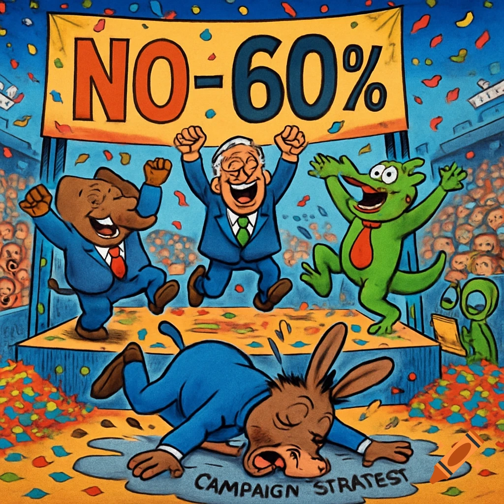 A vibrant political cartoon: elephant, politician caricature, and green creature celebrate as a donkey mascot lies dejected, with a 'NO - 60%' banner.