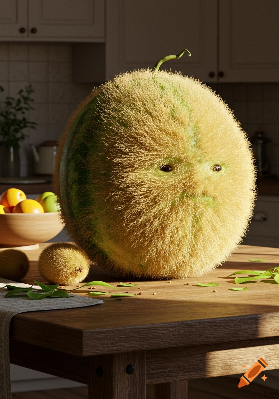 Photorealistic image of a hairy watermelon with eyes on a kitchen table, beside a small fuzzy fruit and citrus bowl.