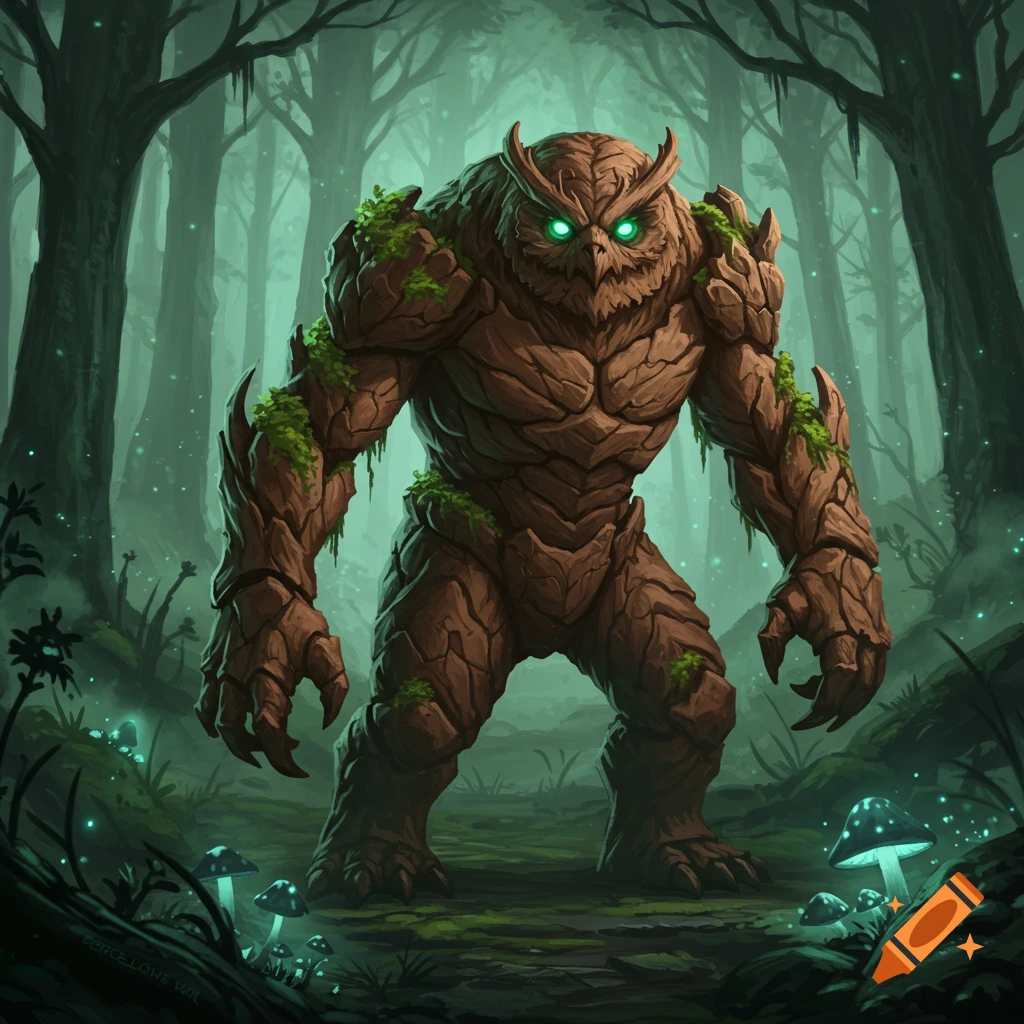 A powerful, hulking owlbear-like creature made of bark and moss stands in a dark, misty fantasy forest with glowing green eyes and glowing mushrooms.