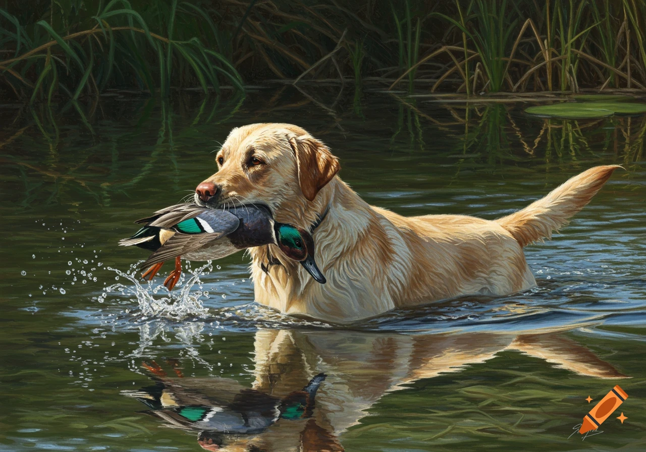 A yellow labrador retriever swims through a marshy lake, carrying a drake blue-winged teal duck in its mouth. Realistic painting style.