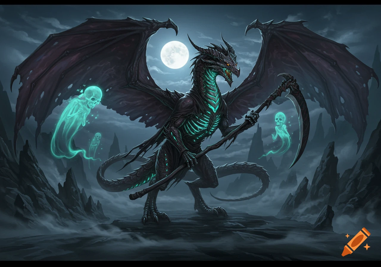 A dark fantasy illustration of a black dragon with glowing green ribs and eyes, holding a scythe, under a full moon.