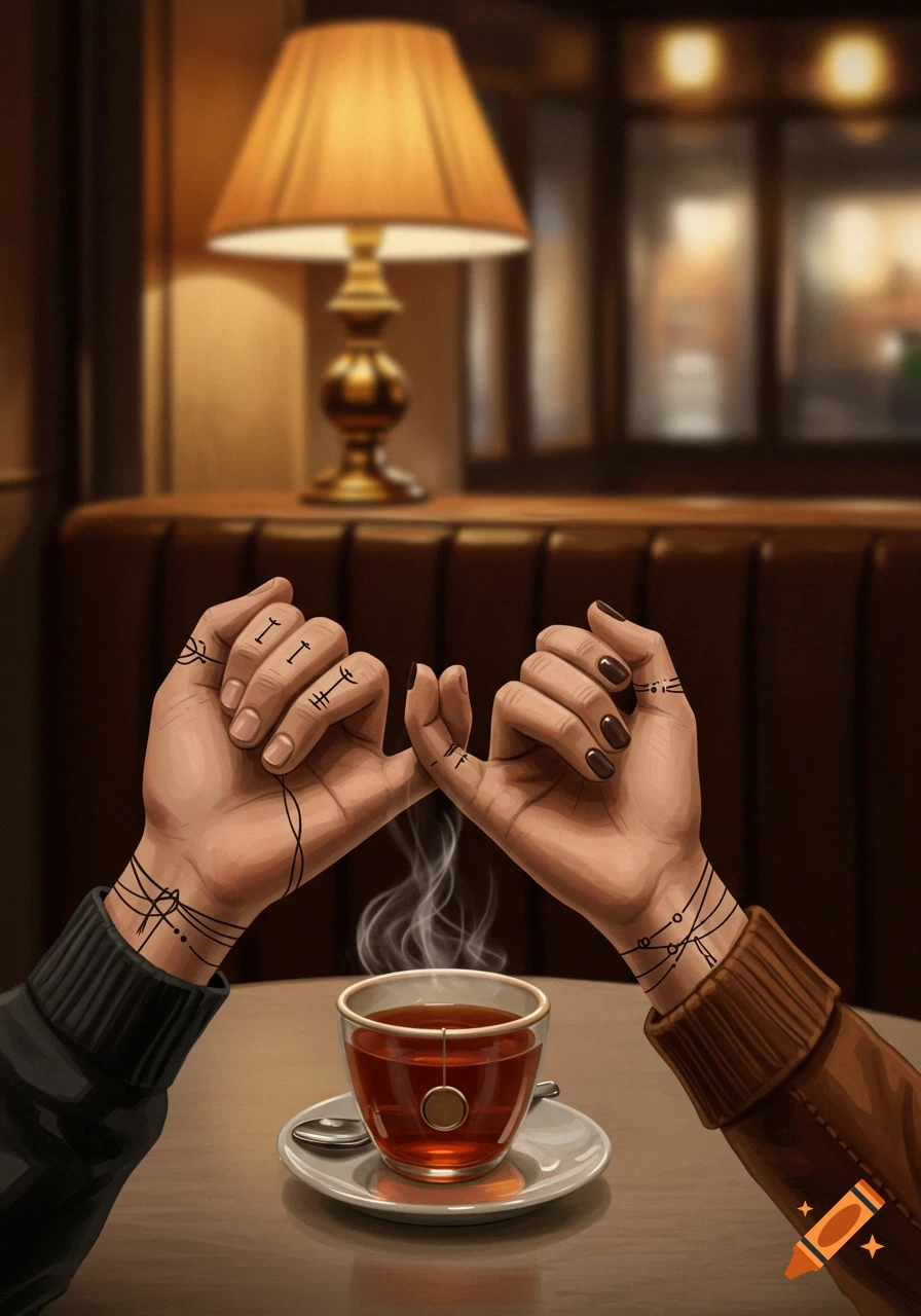Close-up illustration of two hands making a pinky promise over a steaming cup of tea in a warm cafe, both hands adorned with abstract black line tattoos.