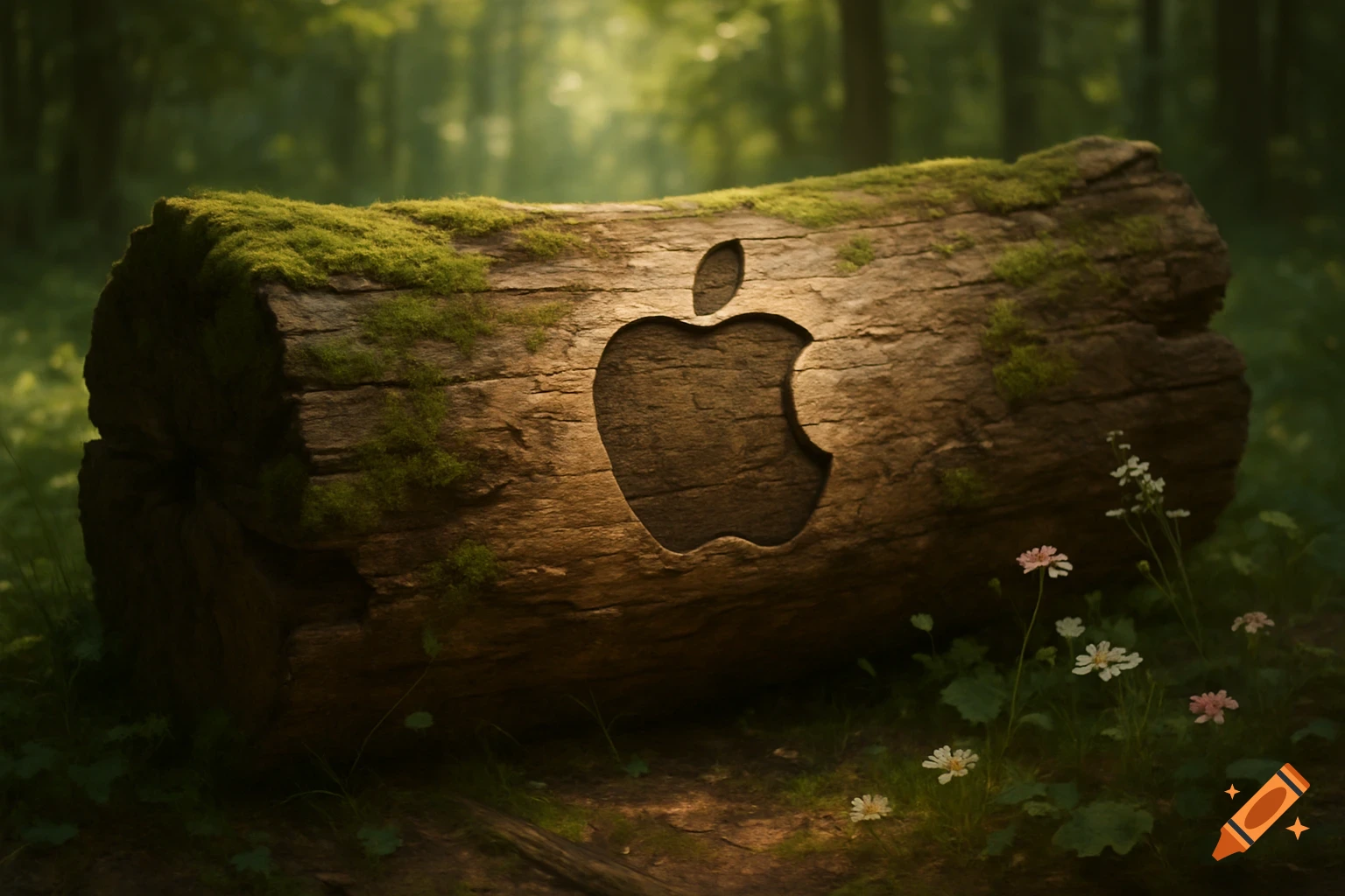 A photorealistic image of a mossy log with an Apple logo carved into its side, resting in a sunlit forest.