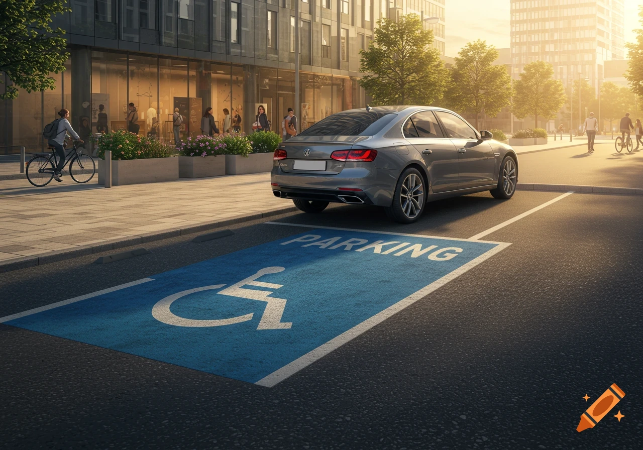 A grey sedan car is parked in a handicapped spot on a city street during golden hour, with buildings and people in the background.