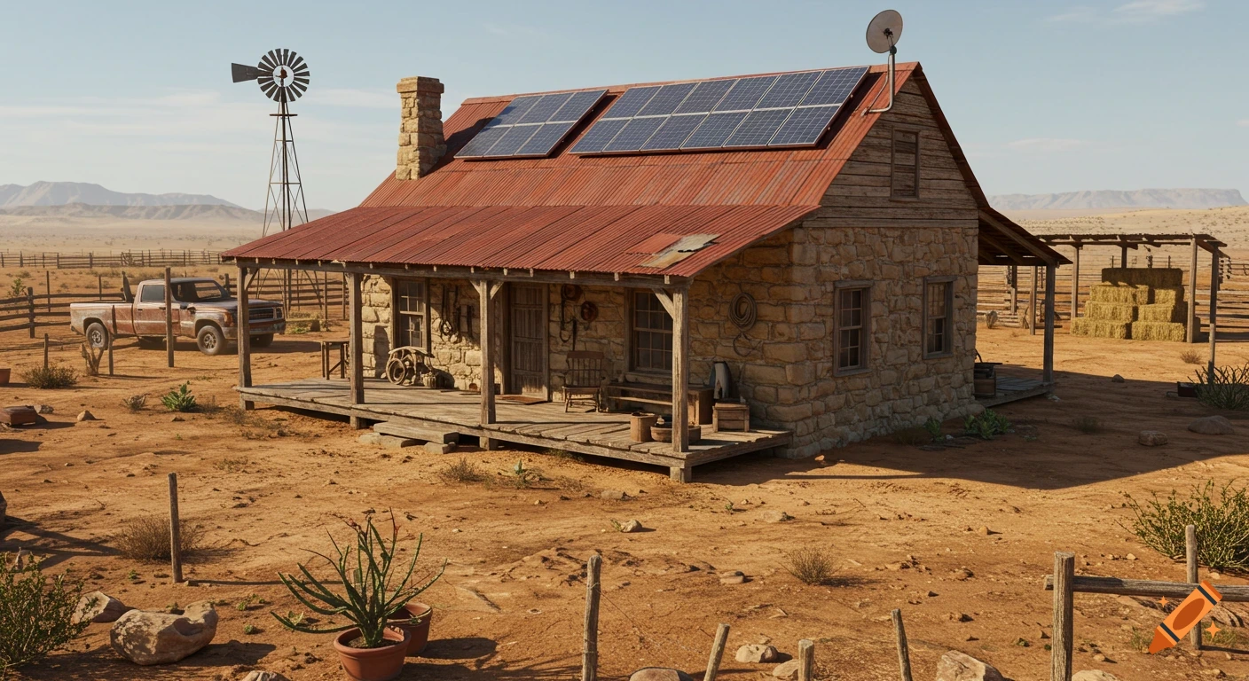 A rustic stone and wood ranch house with a red metal roof and solar panels in a dry desert landscape, with a windmill, truck, and hay bales.