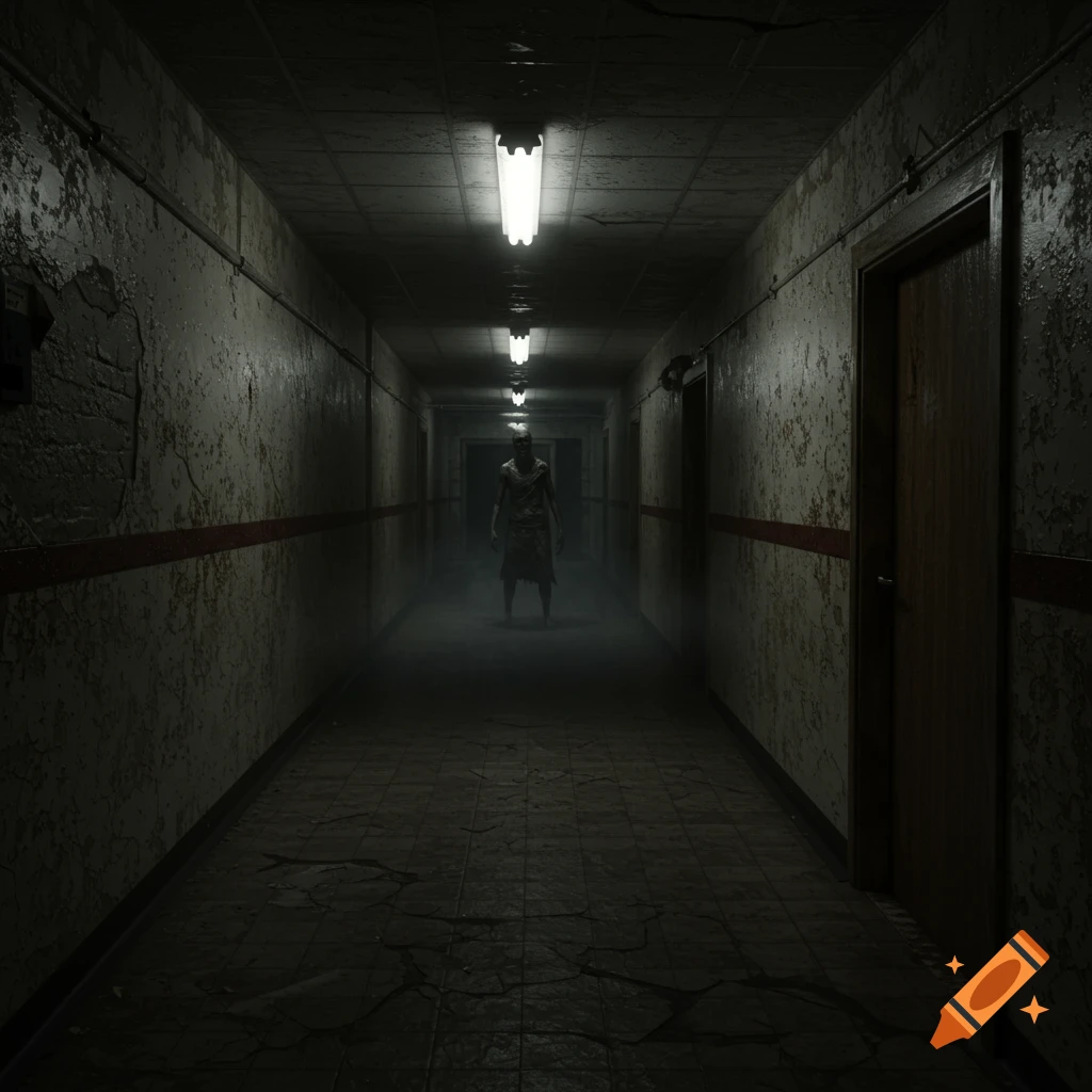 A creepy, dilapidated hallway with fluorescent lights, shrouded in mist, and a Silent Hill-style monster lurking in the distance.