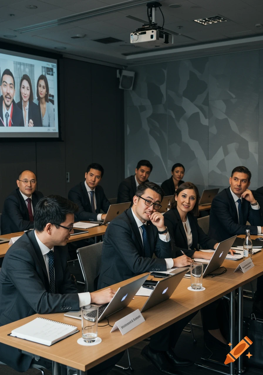 Professionals in suits attend a business conference with laptops and a projector screen displaying video call participants.