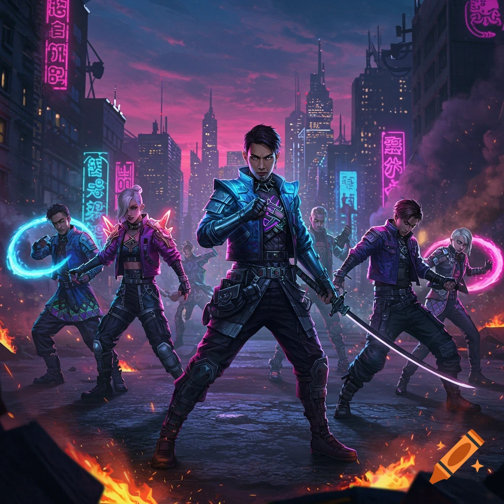 A group of Kpop-style demon hunters with glowing weapons in a neon-lit cyberpunk city at dusk.
