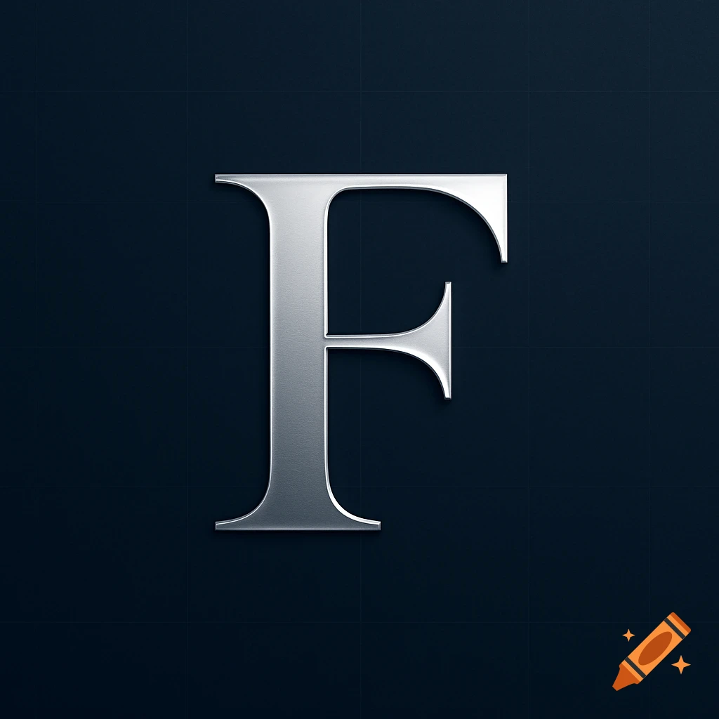 A silver, metallic letter F in a serif font, casting subtle shadows on a dark blue background with a faint grid pattern.