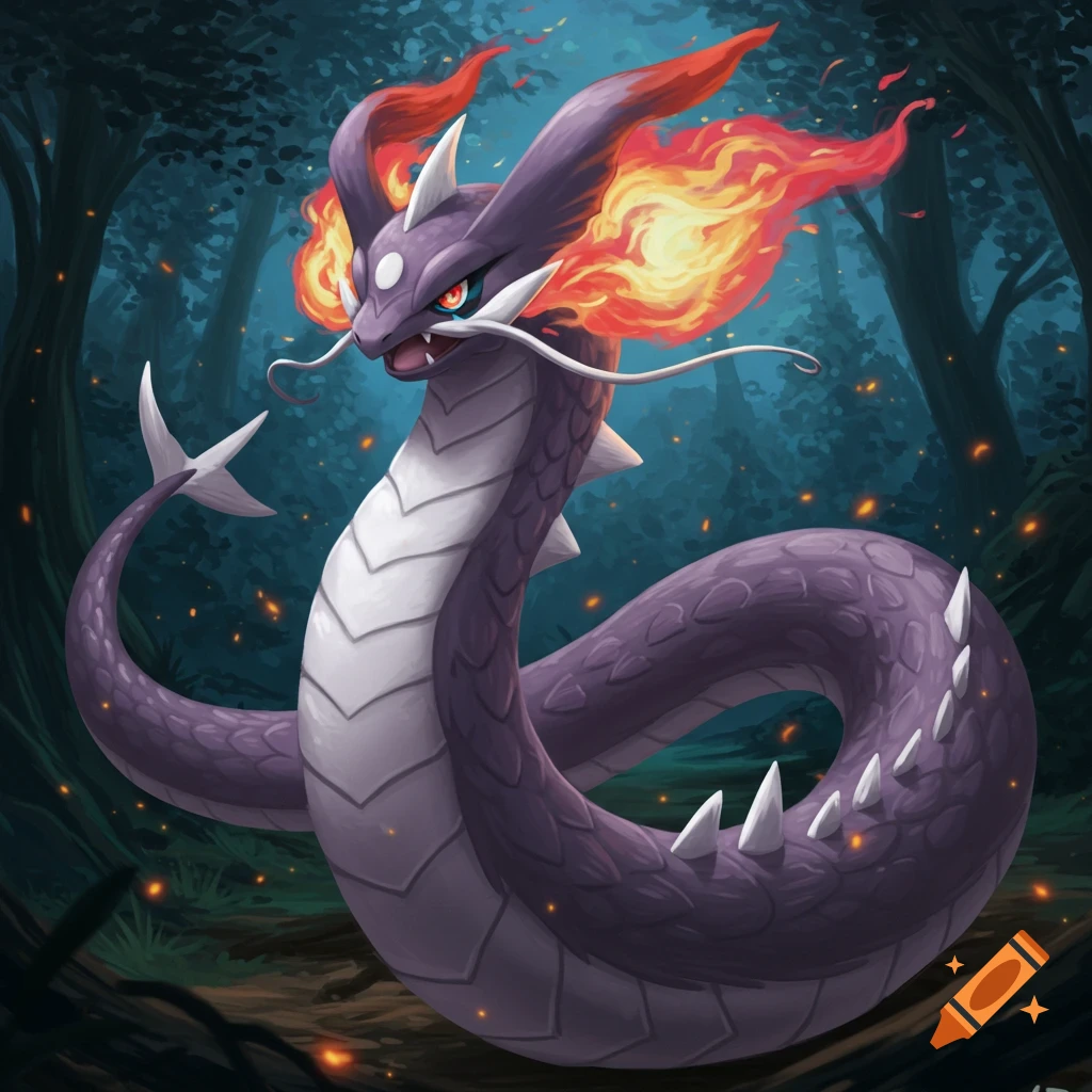 A semi-realistic purple and white cobra-like serpent with a flaming hood and white fins, in a dark forest.