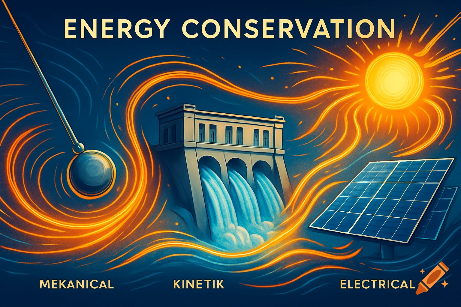 An illustration showing energy conservation with a pendulum, a hydroelectric dam, and solar panels linked by glowing orange energy lines. Text reads "Energy Conservation", "Mekanical", "Kinetik", "Electrical".