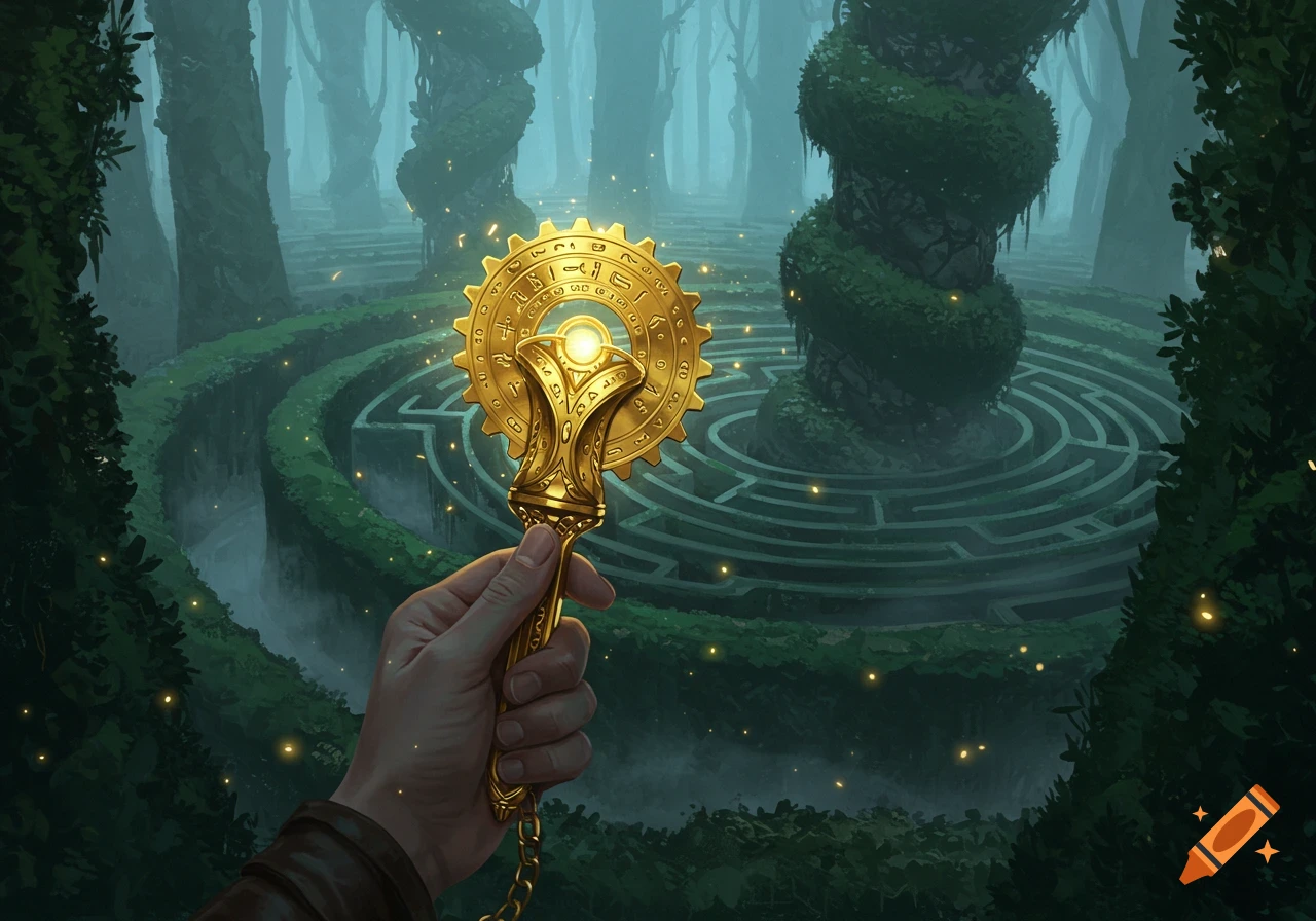 A hand holds a glowing golden key-like mechanism with strange symbols in an eerie, mist-filled green labyrinth. Fantasy art style.