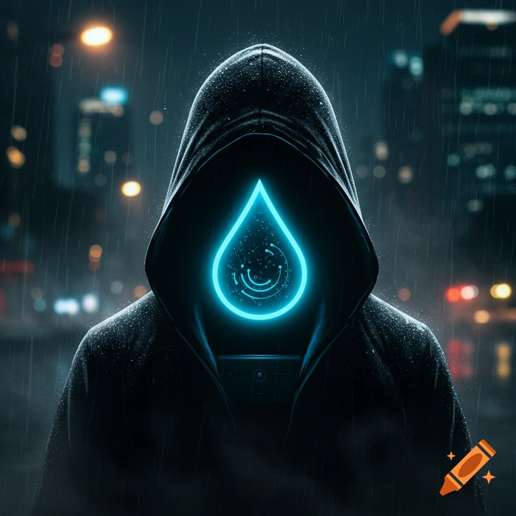 A hooded figure stands in the rain in a dark city, with a bright blue glowing raindrop symbol on their chest.