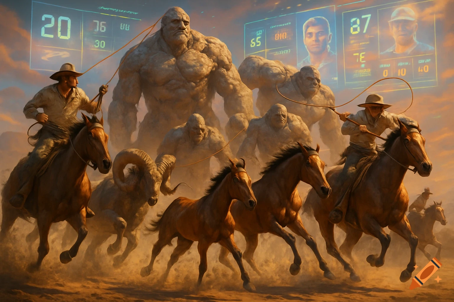 Cowboys on horseback in a dusty landscape, wrangling large rock-like giants and rams, with horses running. Glowing futuristic screens display numbers in the background.