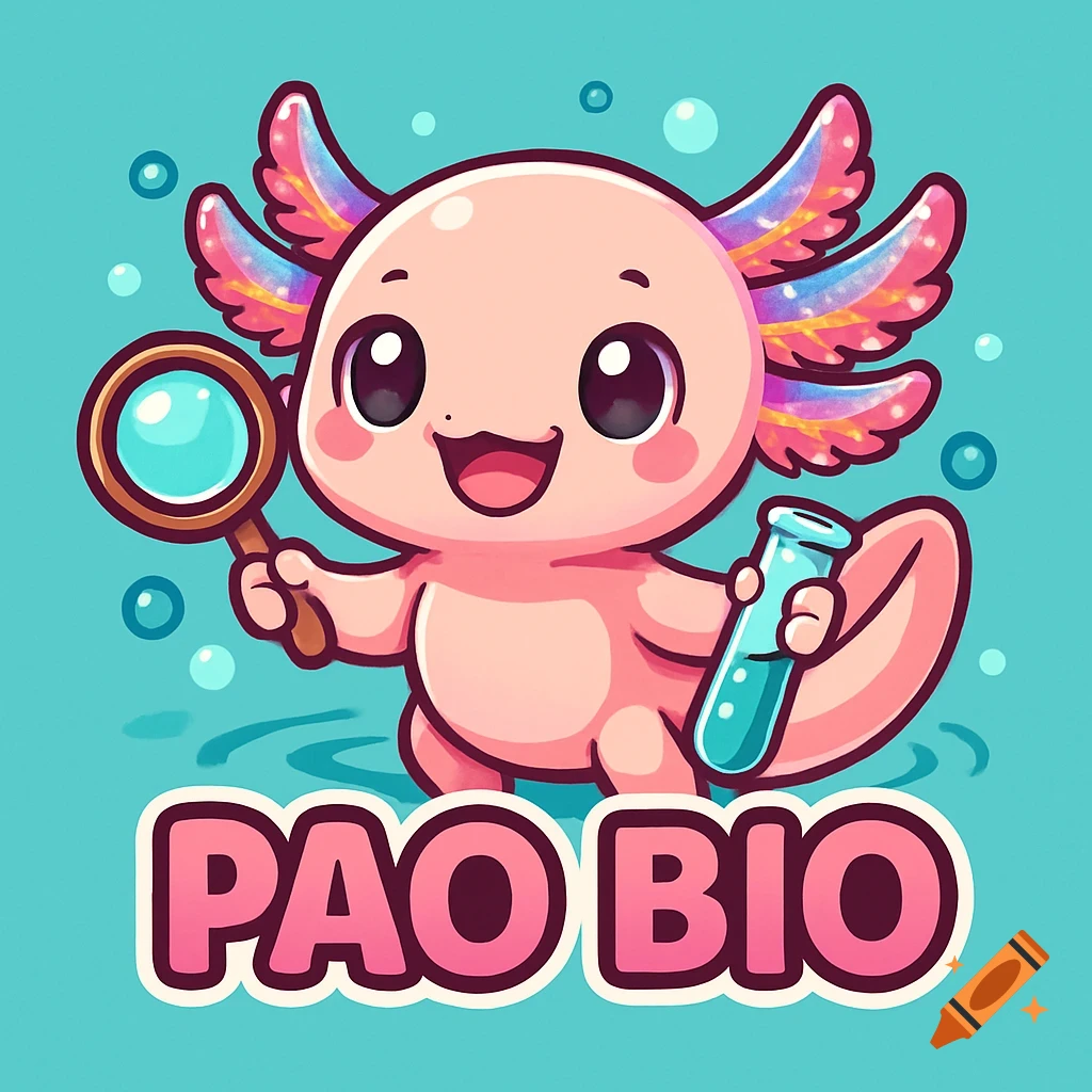 A cute pink chibi axolotl with rainbow gills, holding a magnifying glass and a test tube, with "PAO BIO" text below, on a teal background with bubbles.