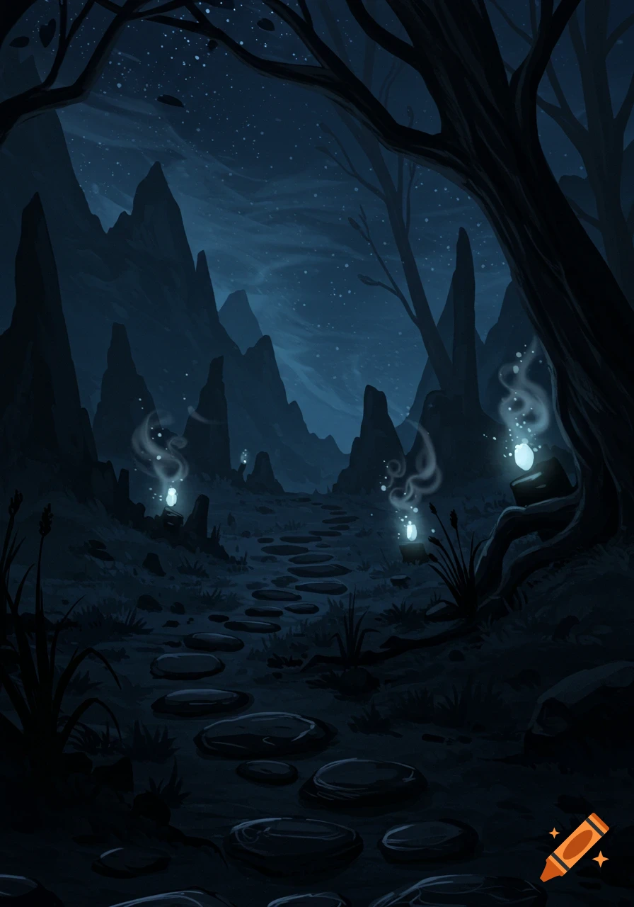 Dark fantasy landscape featuring a stone path, glowing orbs, jagged mountains, bare trees, and a starry night sky.